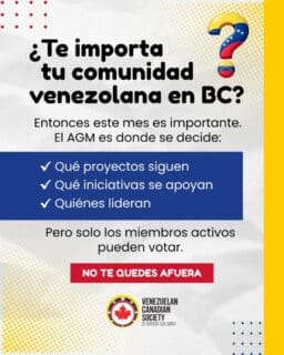 Tu participación marca la diferencia.
Este mes es clave para el rumbo de nuestra comunidad 🇻🇪🇨🇦
.
🔗 Regístrate y actívate — enlace en la bio (https://vcsbc.ca/es/join-the-team/)
.
#VCSBC #ComunidadVenezolana #Participa #AGM #VenezolanosEnBC