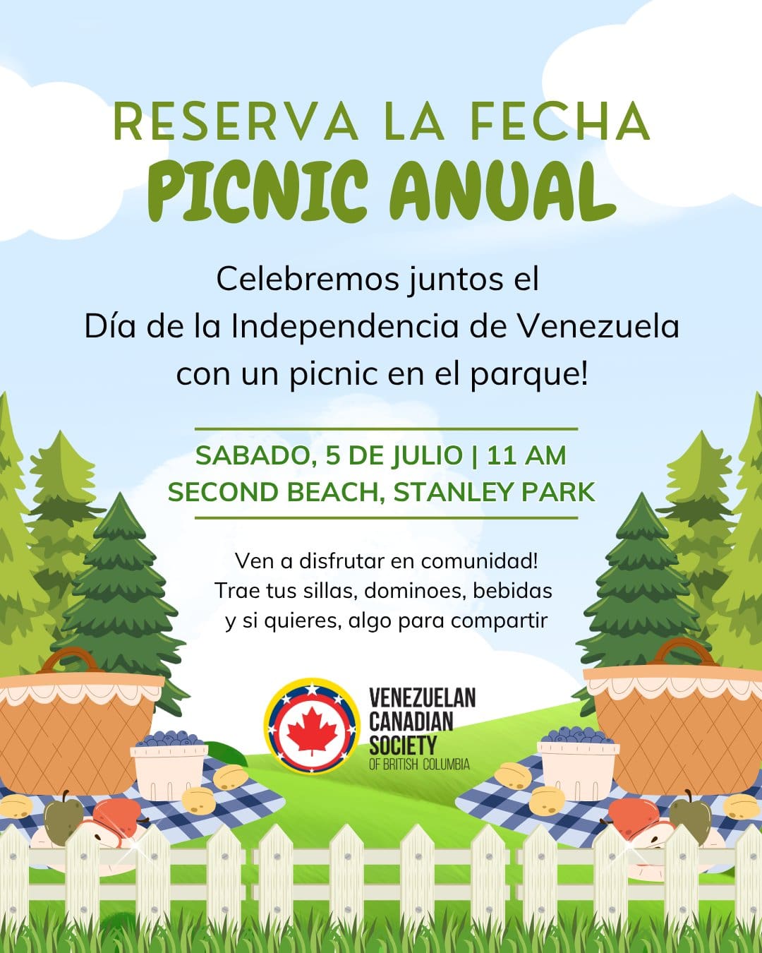 ¡Reserva la fecha! Nuestro picnic anual está a la vuelta de la esquina!Celebra con nosotros el Día de la Independencia en un picnic especial lleno de alegría, comida y buena compañía. Acompáñanos en Second Beach, Stanley Park (cerca del gazebo), el 5 de Julio! Ve apartando el día para compartir juntos este momento patriótico y divertido al aire libre. ¡Te esperamos! #picnic #picnicday #picnictime #picnicvibes #picnicinthepark #picniconthebeach #venezolanosenvancouver