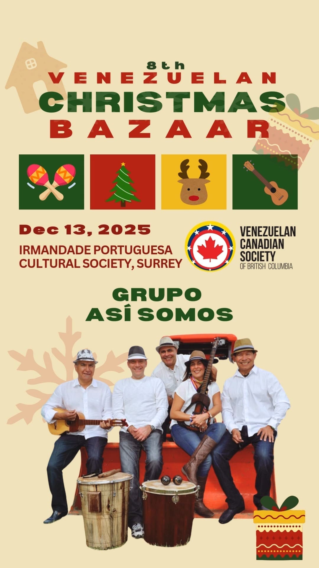 ¡Vuelve el Bazar navideño venezolano! “Venezuelan Christmas Bazaar”🎄Este 13 de diciembre celebramos nuestra 8va. edición llena de música, comida, artesanías y toda la alegría navideña de nuestra comunidad. 🇻🇪❤️🎅🏽 📍 Irmandade Portuguesa Cultural Society, Surrey🕚 11am – 6pmMúsica en vivo, corales, baile, agrupaciones venezolanas, mercado navideño, 50/50, subasta silenciosa… ¡y mucho sabor tradicional para disfrutar con familia y amigos! ¡Ambiente familiar!Ven a apoyar a nuestros emprendedores, a celebrar nuestras raíces y a vivir un día completo de Navidad al estilo venezolano.Muchas gracias a nuestros patrocinadores:-Stanley Park Brewing-PYUR Vodka Sosa-KTL Accountants-Chévere Canada#VCSBC #BazarNavideño#VenezolanosEnVancouver #NavidadVenezolana
