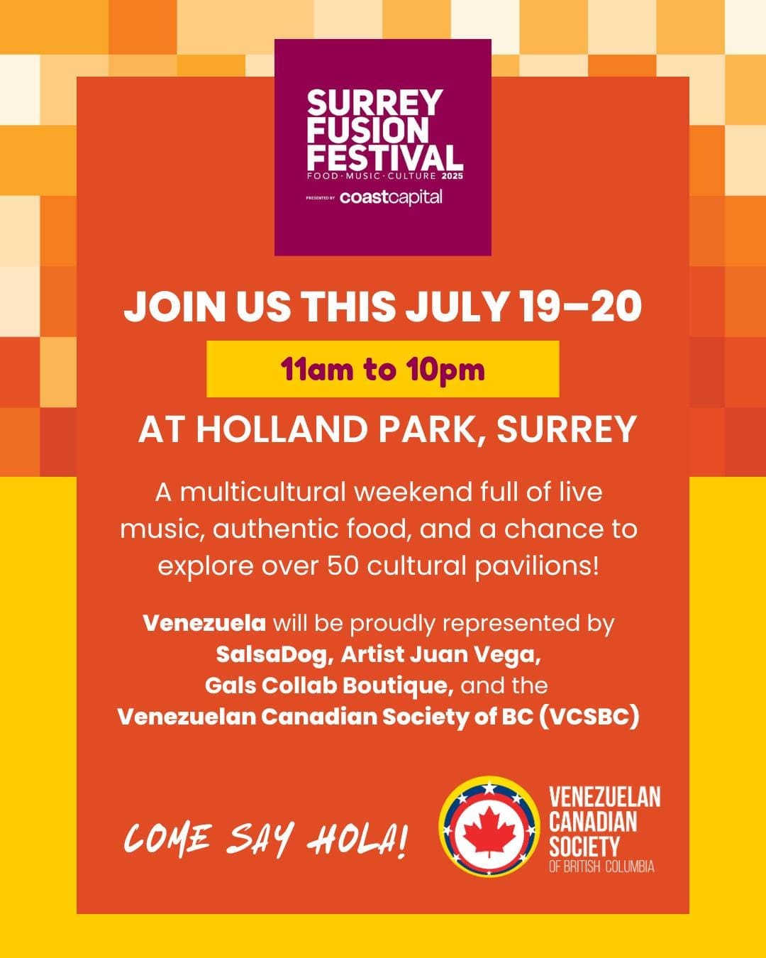 🎉 ¡Ven a pasar un rato con nosotros este fin de semana en el Surrey Fusion Festival! 🇻🇪 Estaremos en el Pabellón Venezolano - representando a Venezuela, repartiendo agua por donación, y compartiendo buenas vibras junto a Salsa Dog, Girls Collab Boutique, y el increíble artista Juan Vega¡Además, no te pierdas Pasión Venezuela en el Escenario de Baile Comunitario!💃 Pásate, saluda, y celebra con nosotros - ¡nos encantaría verte allí!#SurreyFusionFestival #PabellónVenezolano #PasiónVenezuela #VenezuelanPavillion #VCSBC #venezolanosenbc