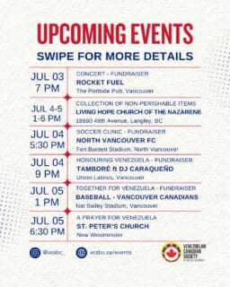 More ways to help are here!
Join us at our upcoming fundraising events to support earthquake relief efforts in Venezuela.
Every ticket, donation, and share brings hope to families in need.
Swipe for dates and details! 🇻🇪❤️
You can also donate directly: https://vcsbc.ca/donate
#venezolanosenbc #vcsbc #EarthquakeRelief #venezuela