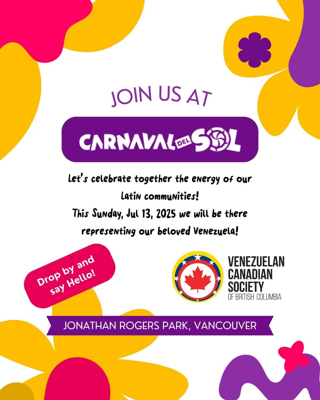 ¡Celebremos juntos en el Carnaval del Sol! 🎉🇻🇪Nuevamente este año nos uniremos al Carnaval del Sol, el evento latino más grande de todo Vancouver y genialmente organizado por Latincouver.Gracias a la colaboración entre sociedades, tenemos un numero limitado de entradas (65) a un precio especial para que todos puedan unirse a esta gran celebración.Entradas especiales: https://f.mtr.cool/almtgpmhzkMás detalles sobre el Carnaval del Sol: https://f.mtr.cool/tpvayckayx¡No te pierdas esta gran fiesta!NOTA IMPORTANTE: Entradas a la venta hasta las 9pm del 12 de julio, 2025 o al agotarse. Entradas solo válidas para el domingo, 13 de julio, 2025. Si no eres miembro de VCSBC todavía, puedes inscribirte antes de ir al Carnaval del Sol por medio de esta página: https://f.mtr.cool/lreiuukkluEsta es una oportunidad única para compartir con nuestra comunidad y disfrutar de una jornada llena de música, baile, deliciosa comida y mucha alegría. ¡Esperamos verlos allí y celebrar juntos!.🇻🇪 ¡Viva Venezuela! 🇻🇪#CarnavalDelSol #VCSBC #venezolanosenbc