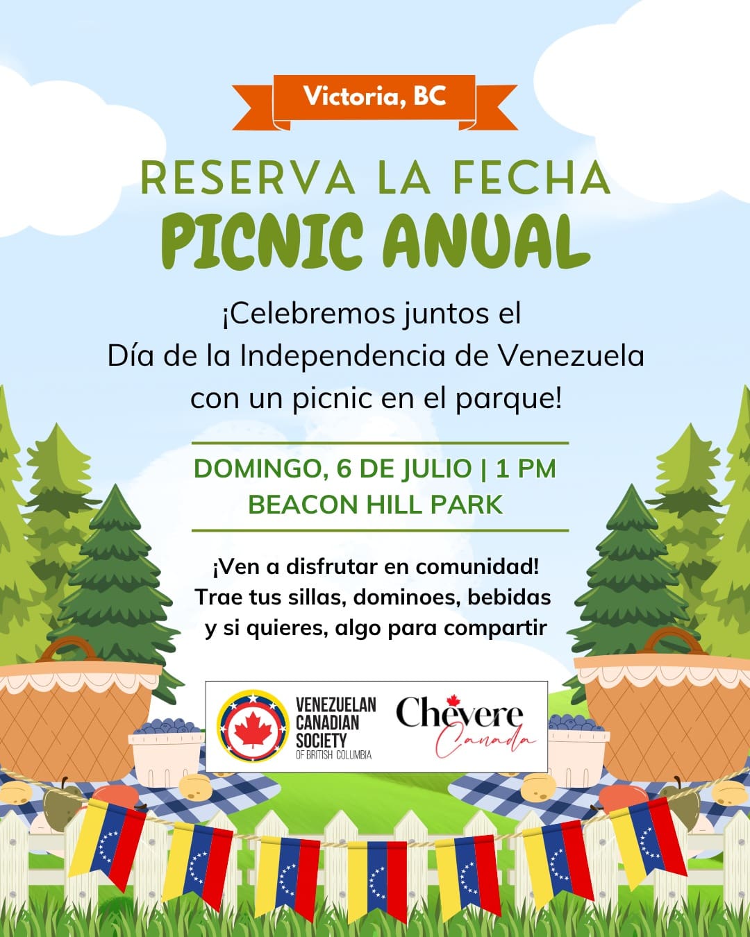 Invitamos a todos los venezolanos en Victoria, con amigos y familiares, a un picnic familiar el sábado 6 de Julio en Beacon Hill Park, a partir de la 1pm.Celebremos juntos el día de la Independencia de Venezuela 😊@venezolanosenvictoria@vcsbc_#vcsbc #comunidadvenezolana #venezolanosenBC #venezolanosenvictoriabc