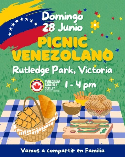 Victoria, ¡nos vemos en el Picnic Venezolano! 🇻🇪🧺Acompáñanos el domingo 28 de junio, de 1:00 a 4:00 PM, en Rutledge Park, para compartir en familia, reencontrarnos con amigos y disfrutar de una tarde llena de sabor, conversación y comunidad. ¡Trae algo para compartir y tus ganas de pasarla bien!