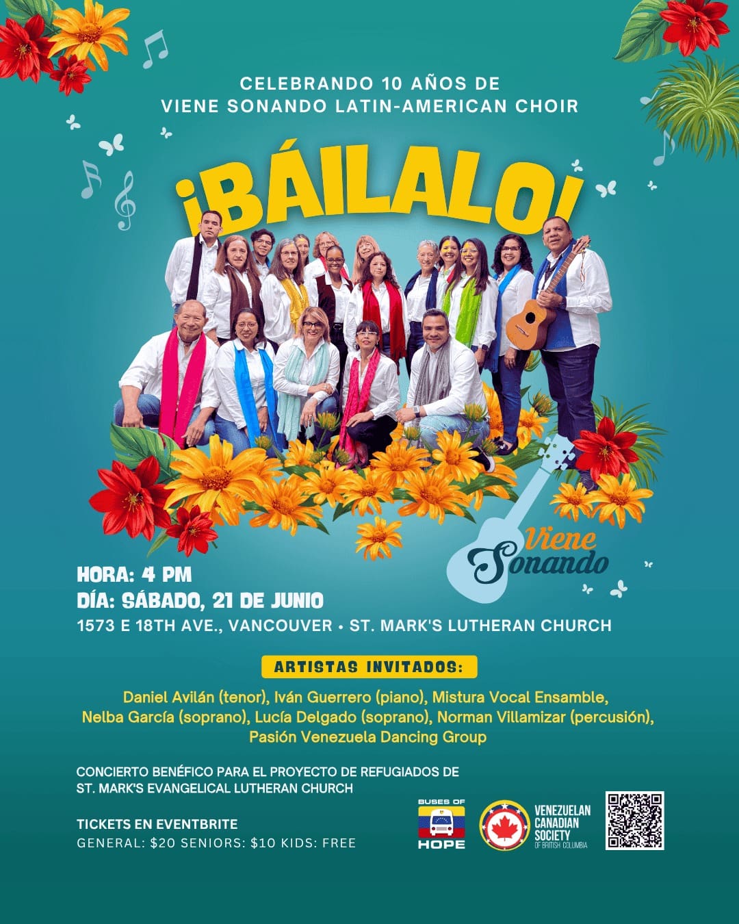¡BÁILALO! ven a celebrar 10 años de Viene Sonando con un concierto especial a beneficio del proyecto de refugiados de St. Mark's Lutheran ChurchSerá una tarde festiva llena de música y danza latinoamericana.Nuestro agradecimiento a los talentososos artistas que hacen posible esta celebración y a St. Mark's Lutheran Church y Buses of Hope por su apoyo.Fecha: Sábado 21 de junio de 2025Hora: 4:00 p.m. (PDT)Lugar: Mark's Lutheran Church (18th Ave & Kingsway, Vancouver)Invitados especiales:- Nelba Garcia- Lucia Delgado- Daniel Avilan- Ivan Guerrero- Norman Villamizar- Mistura Vocal Ensemble- Pasion Venezuela Dance Group🎟️ Entradas: https://www.eventbrite.ca/e/bailalo-tickets-1378733040639 ¡Los esperamos!#Báilalo #VCSBC #VieneSonando #VenezolanosEnVancouver #MisturaVocalEnsemble #PasionVenezuelaDanceGroup
