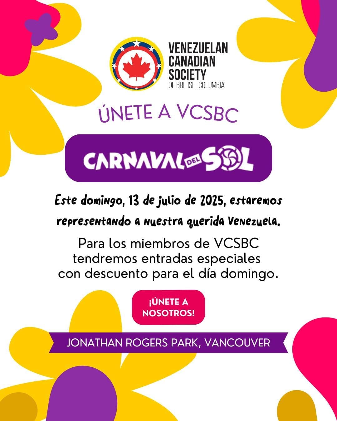 ¡El Carnaval del Sol está a la vuelta de la esquina!
Este domingo estaremos representando a Venezuela 🇻🇪 en el festival latino más grande del Noroeste.
🎟️ Tenemos solo 65 entradas con descuento para nuestros miembros.
Hazte socio y disfruta de beneficios como este 👉 https://f.mtr.cool/almtgpmhzk
¡Vente a celebrar con sabor latino!
Más info en: carnavaldelsol.ca
#CarnavalDelSol #VCSBC #venezolanosenvancouver