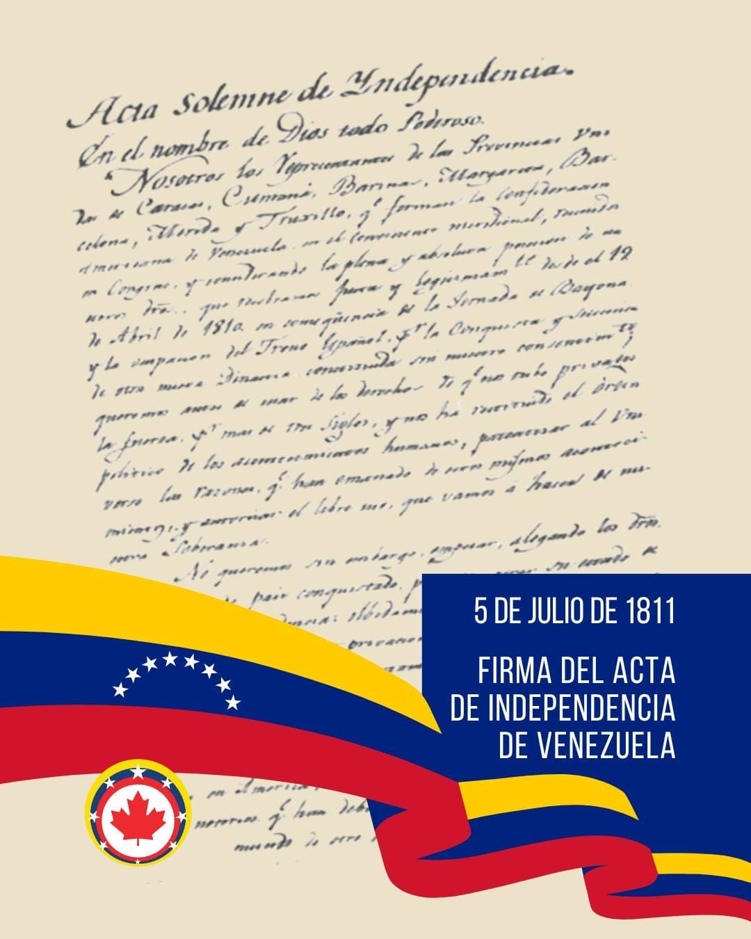 El 5 de julio de 1811, Venezuela marcó un hito histórico al convertirse en el primer país de América Latina en declarar su independencia de la Corona española. Ese día, siete provincias firmaron el Acta de Independencia, dando inicio a la lucha por una nación libre y soberana. #5DeJulio #IndependenciaVenezuela #orgullovenezolano
____
On July 5, 1811, Venezuela made history by becoming the first Latin American country to declare its independence from the Spanish Crown. That day, seven provinces signed the Act of Independence, marking the beginning of the fight for a free and sovereign nation. #July5th #VenezuelaIndependence #VenezuelanPride