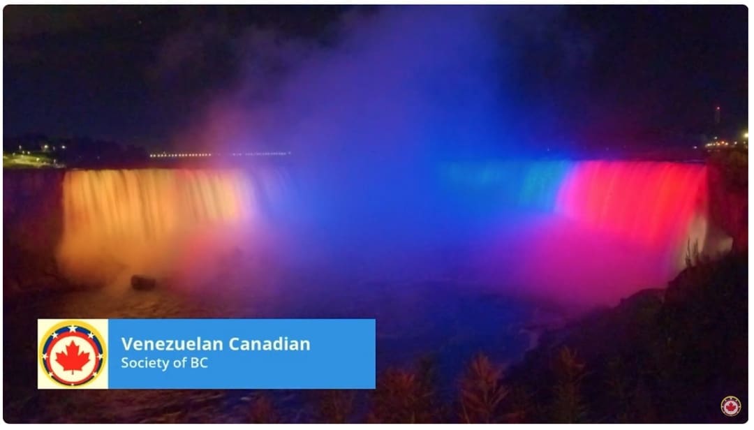 Once again, we invite you to the ONLINE celebration of Venezuela's Independence Day on July 5, 2025.
At the request of the Venezuelan Canadian Society of BC (VCSBC), Niagara Falls will be illuminated with the colours of the Venezuelan flag to celebrate Venezuelan Independence Day on July 5th at 7:00 p.m. PDT.
SHOW LASTS ONLY 15 MINUTES - Don't miss it
Watch the event live from your computer, tablet or mobile.
To view the live stream, visit one of these links:
- Earthcam: https://f.mtr.cool/ytzsruritm
- YouTube Live: https://f.mtr.cool/hatkvccpcr