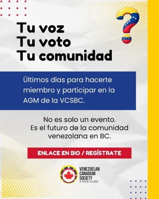 Tu voz cuenta. Tu participación importa. 🇻🇪🇨🇦 Últimos días para ser parte del cambio..🔗 Regístrate — enlace en la bio (https://vcsbc.ca/es/join-the-team/).#VCSBC #AGM #ComunidadVenezolana #Participa #VenezolanosEnBC