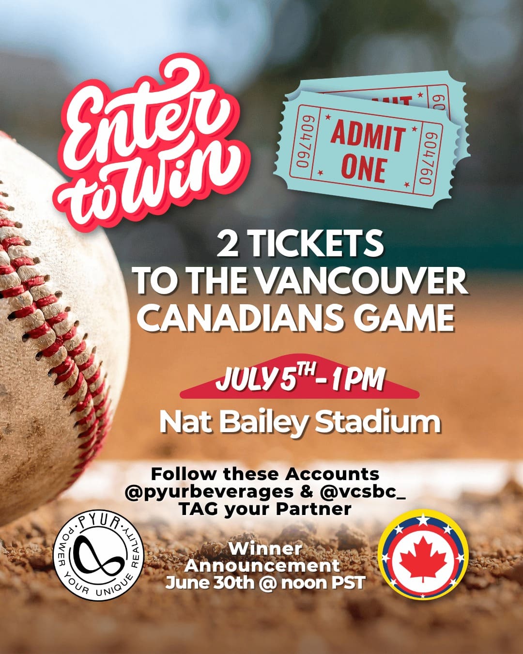 Celebra la independencia de Venezuela con una tarde de béisbol¡Participa en la rifa de 2 entradas para ver a los Vancouver Canadians este 5 de julio!Cómo participar:1️⃣ Sigue a @pyurbeverages2️⃣ Sigue a @vcsbc_3️⃣ Etiqueta a una persona por comentario 🗓 El sorteo va hasta el 29 de junio🏆 El ganador será anunciado el 30 de junio a las 12:00 PM PST¡Gracias a todos por participar! No te olvides de darle 👍 a este post. ¡Nos vemos en el juego!